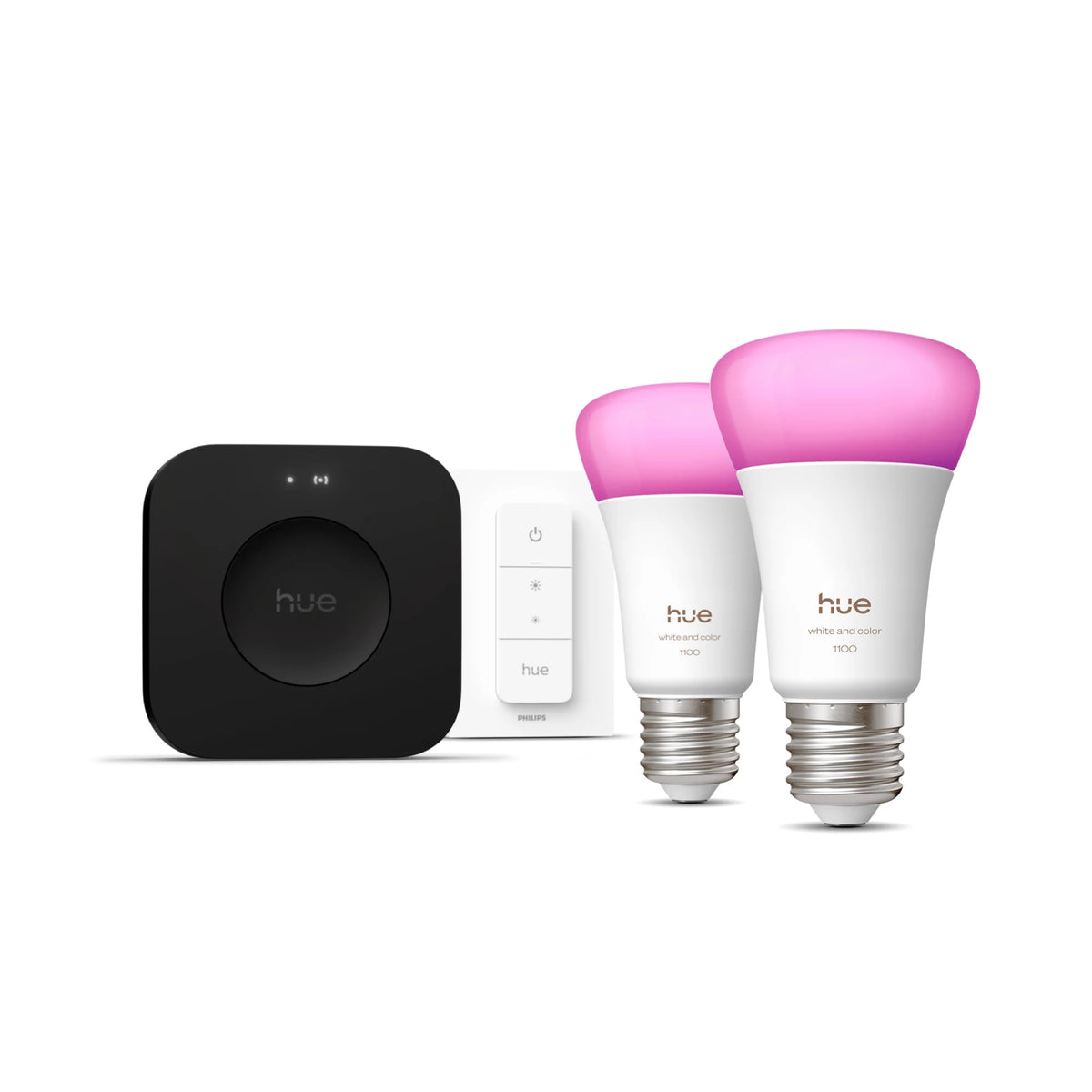 Philips Hue White and Color Ambiance Kit de démarrage, 2 Ampoules E27, Dimmer Switch et Hue Bridge Pro