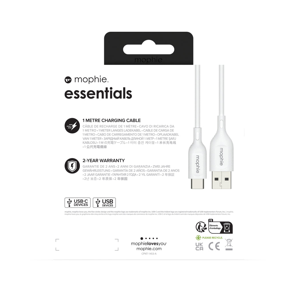 mophie essentials charging cables | 1M câble USB USB 2.0 USB A USB C Blanc