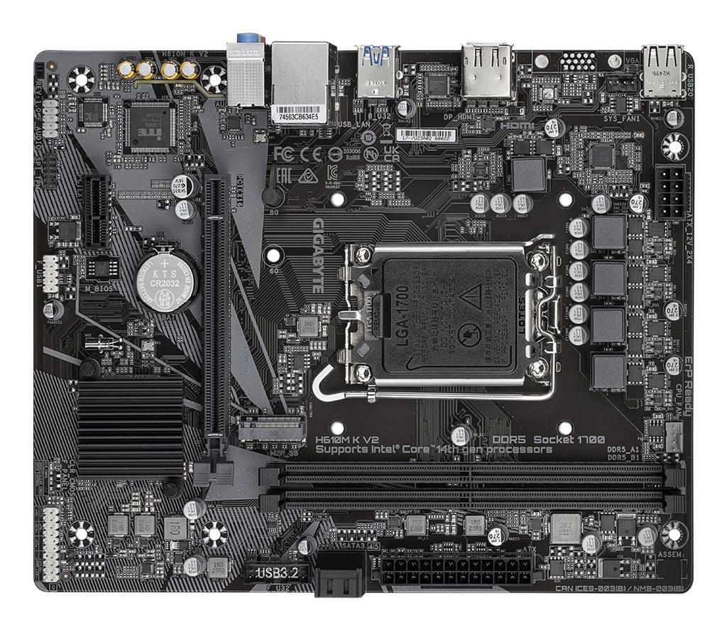 GIGABYTE H610M K V2 Carte mère - Processeurs Intel Core 14ᵉ génération, jusqu'à 5600 MHz DDR5, 1xPCIe 3.0 M.2, LAN 1GbE, USB 3.2 Gen 1
