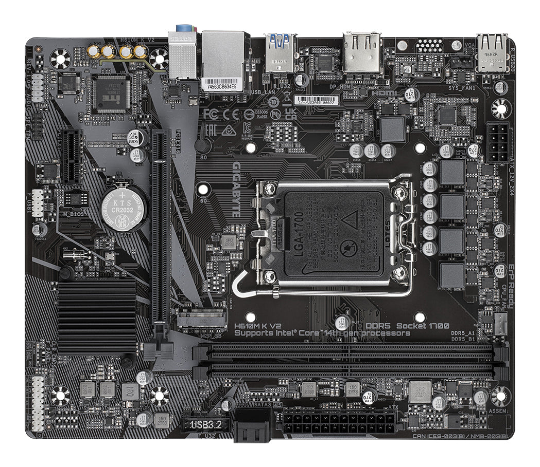 GIGABYTE H610M K V2 Carte mère - Processeurs Intel Core 14ᵉ génération, jusqu'à 5600 MHz DDR5, 1xPCIe 3.0 M.2, LAN 1GbE, USB 3.2 Gen 1