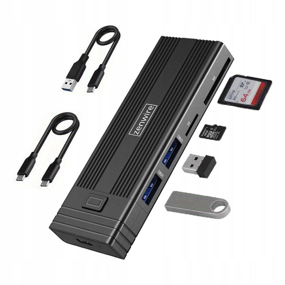 Boîtier pour disque dur HUB USB-C 7-en-1 SSD M.2 NVMe PCIe SATA SD Adaptateur Emplacement M.2 Zenwire HUB63