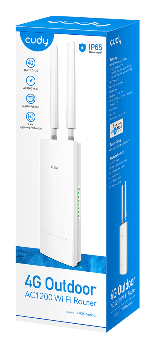 Cudy Indoor/Outdoor 4G Cat 6 AC1200 Wi-Fi Router, LT700 Outdoor 1.0 routeur sans fil Gigabit Ethernet Bi-bande (2,4 GHz / 5 GHz) Blanc