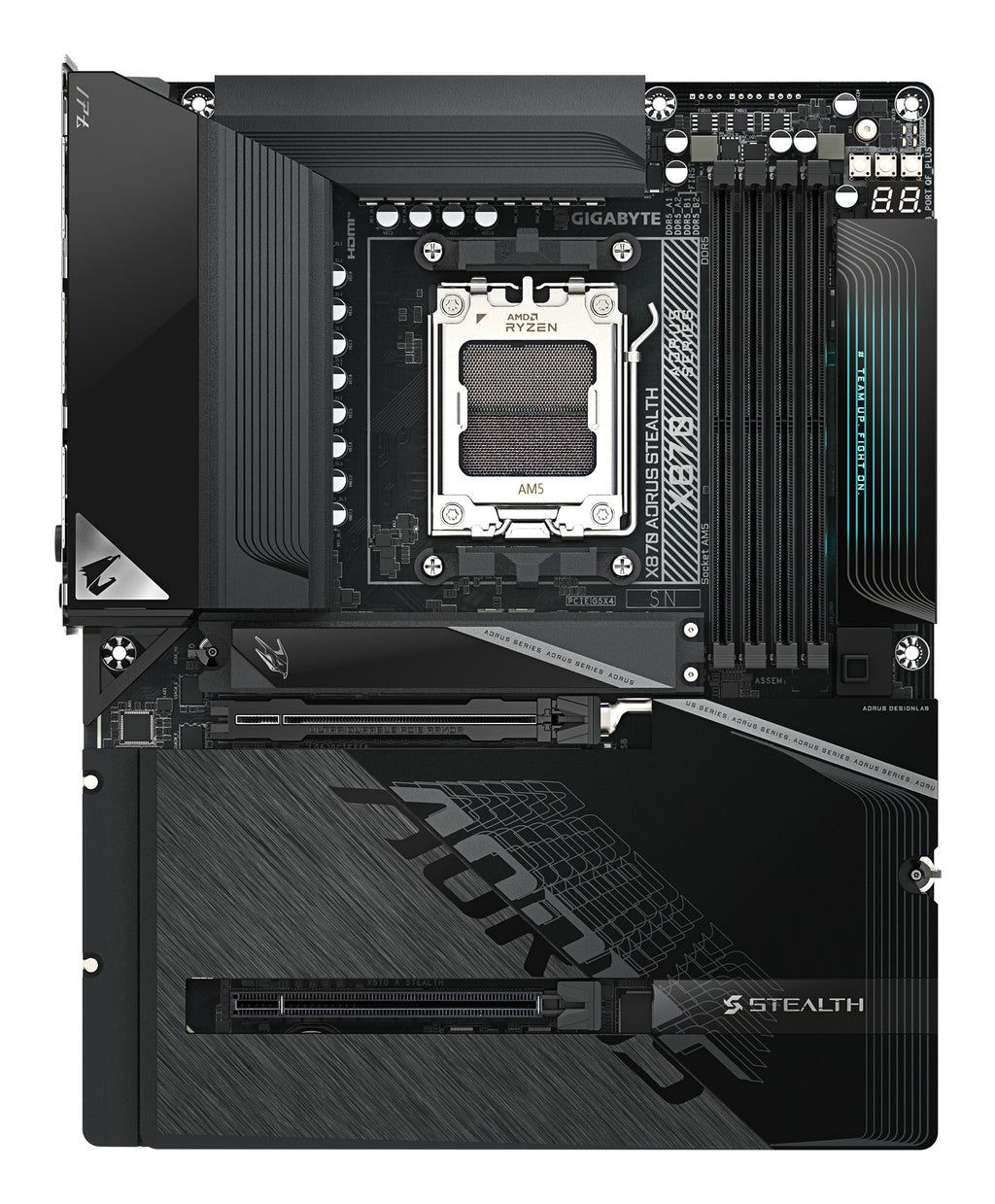 GIGABYTE X870 AORUS STEALTH Carte Mère - Prend en charge les processeurs AMD Ryzen 9000, VRM numérique 16+2+2 phases, jusqu’à 8200MHz DDR5 (O.C.), 2xPCIe 5.0 + 2xPCIe 4.0, Wi-Fi 7, LAN 5GbE, USB 4