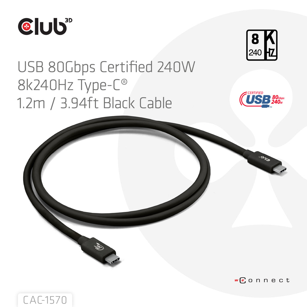 CLUB3D CAC-1570 câble USB USB4 Gen 2x2 1,2 m USB C 80 Gbit/s 240 W Noir
