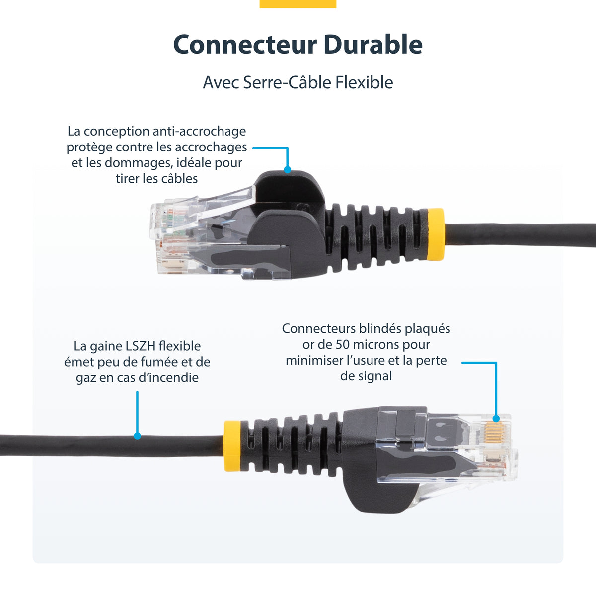 StarTech.com Câble Ethernet CAT6 Slim 1m Jaune, 100W PoE, UTP, LSZH, 28AWG, RJ45 Sans Accroc