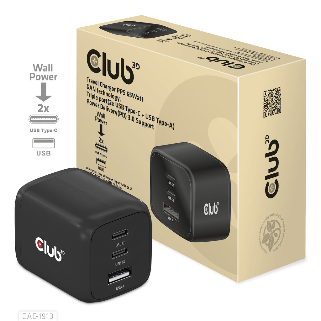CLUB3D CAC-1913 Chargeur Universel Secteur Charge Rapide, 2 Ports USB-C, Noir