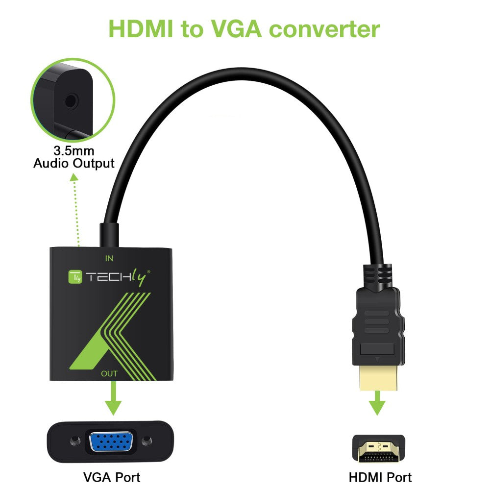 Adaptateur HDMI vers VGA + Jack 3.5mm, Mâle vers Femelle, 0,15 m, Noir