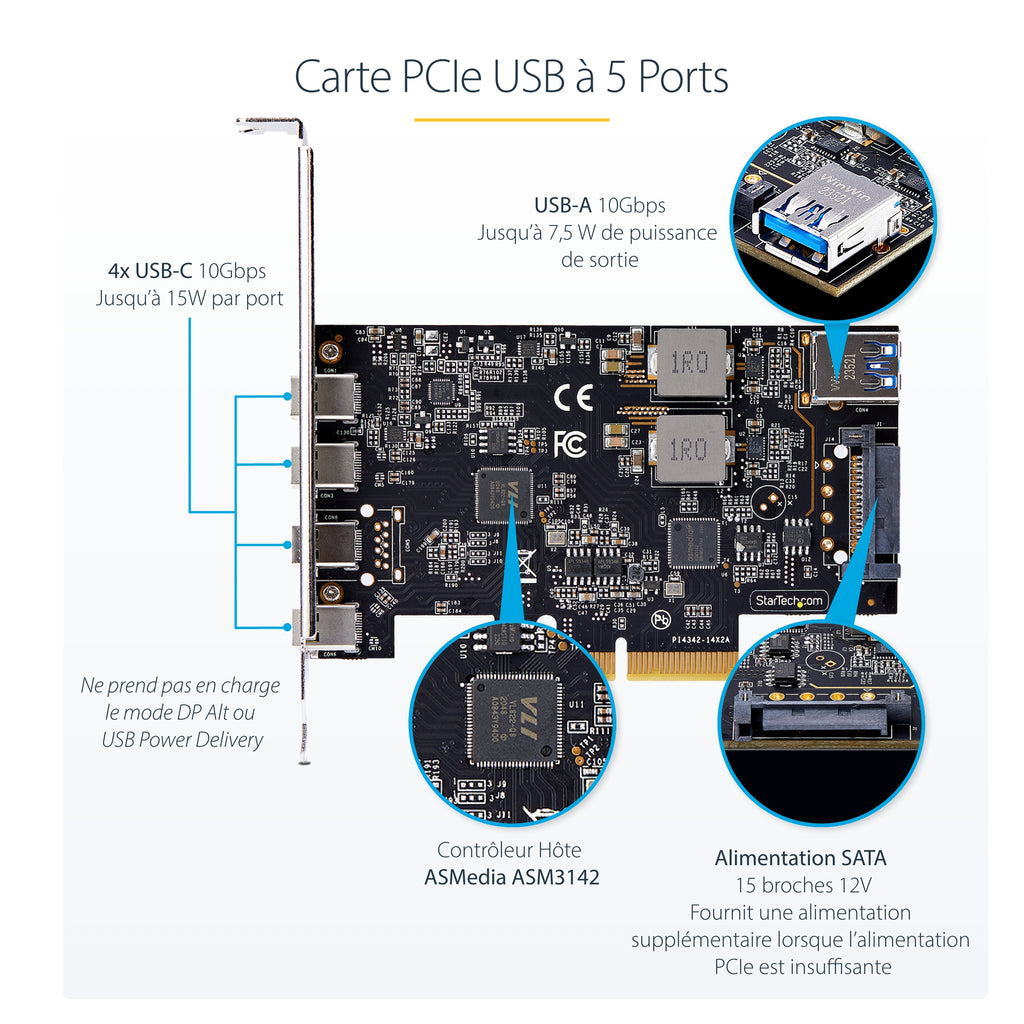 StarTech.com Carte PCIe USB 5 Ports USB 3.2 10Gbps, 4x USB-C et 1x USB-A interne
