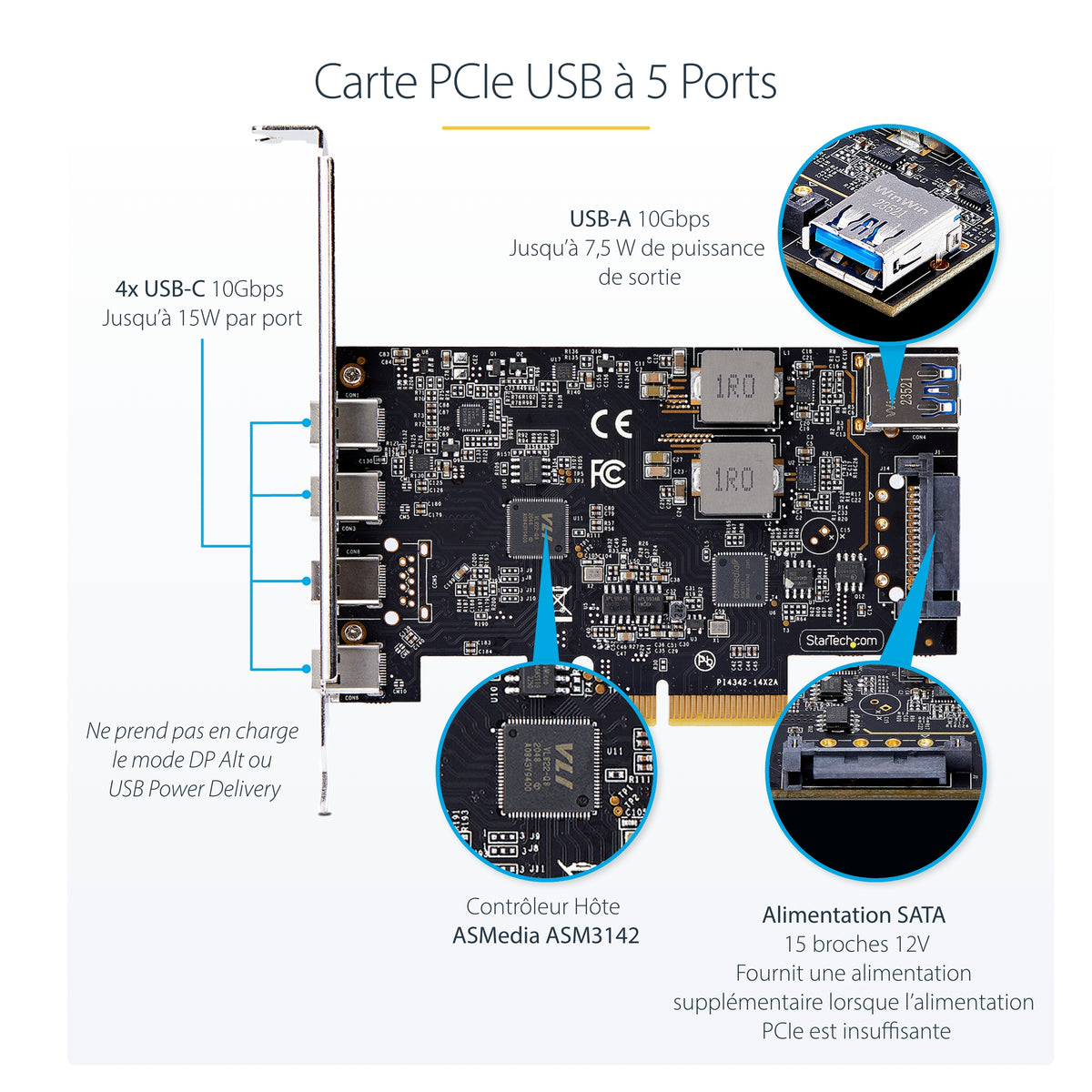 StarTech.com Carte PCIe USB 5 Ports USB 3.2 10Gbps, 4x USB-C et 1x USB-A interne
