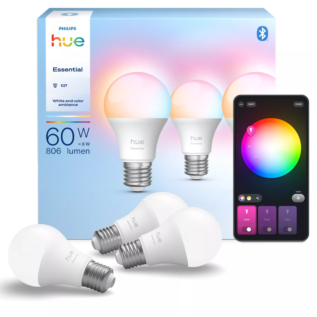 Philips Hue White and Color Ambiance A60 E27 Ampoule Connectée Essential 806 lm 8 W Pack de 3