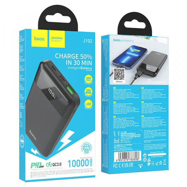 Hoco Powerbank J102, 10000mAh, 20W, QC + PD, Black