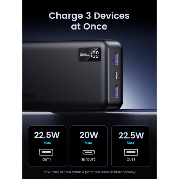 Ugreen Powerbank PB312, 20000mAh, 22.5W, QC + PD, Black