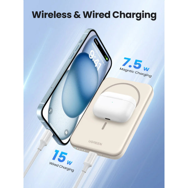 Ugreen Powerbank PB560, 5000mAh, 15W, PD + QI, Beige