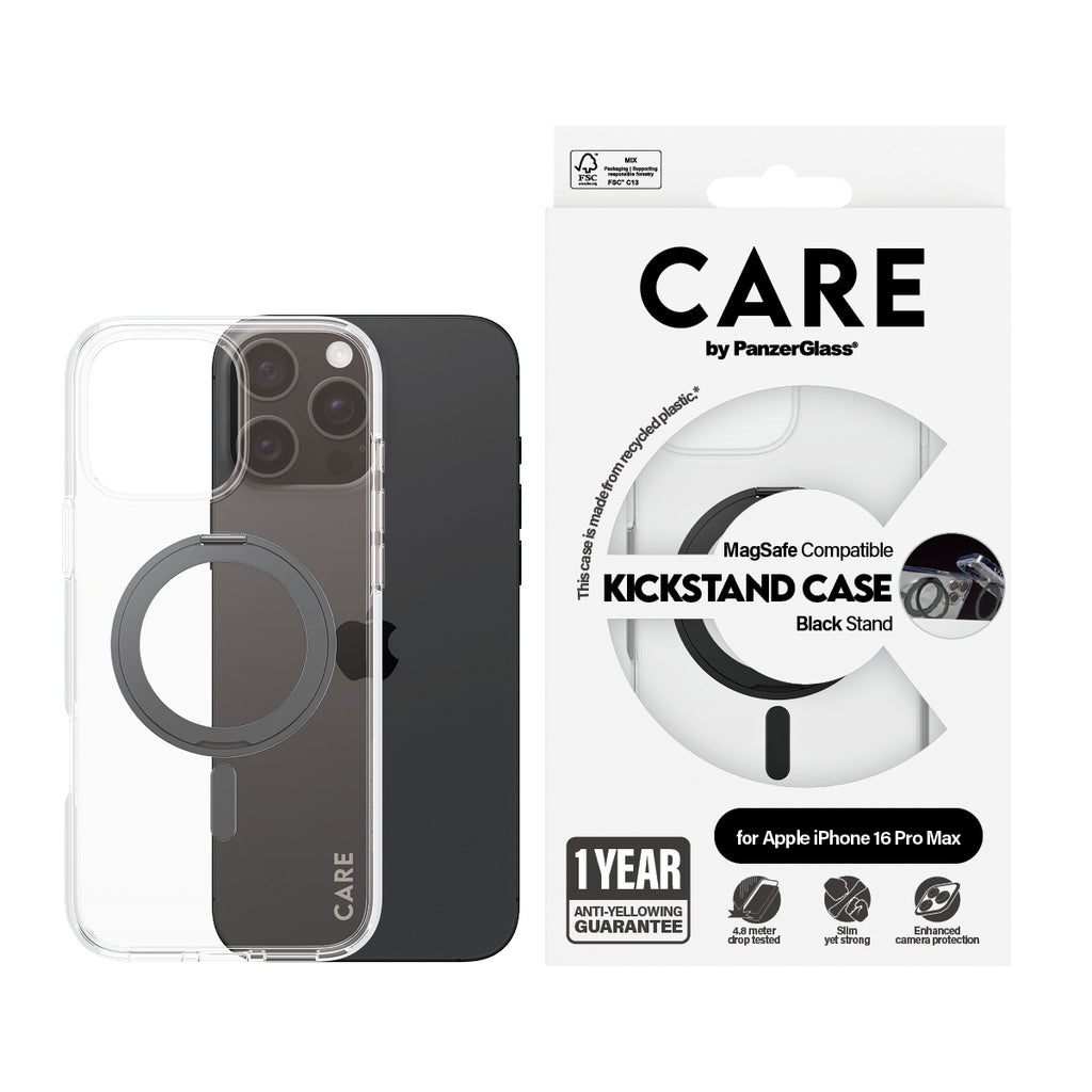PanzerGlass CARE Coque Transparente avec Support Noir et MagSafe pour iPhone 16 Pro Max