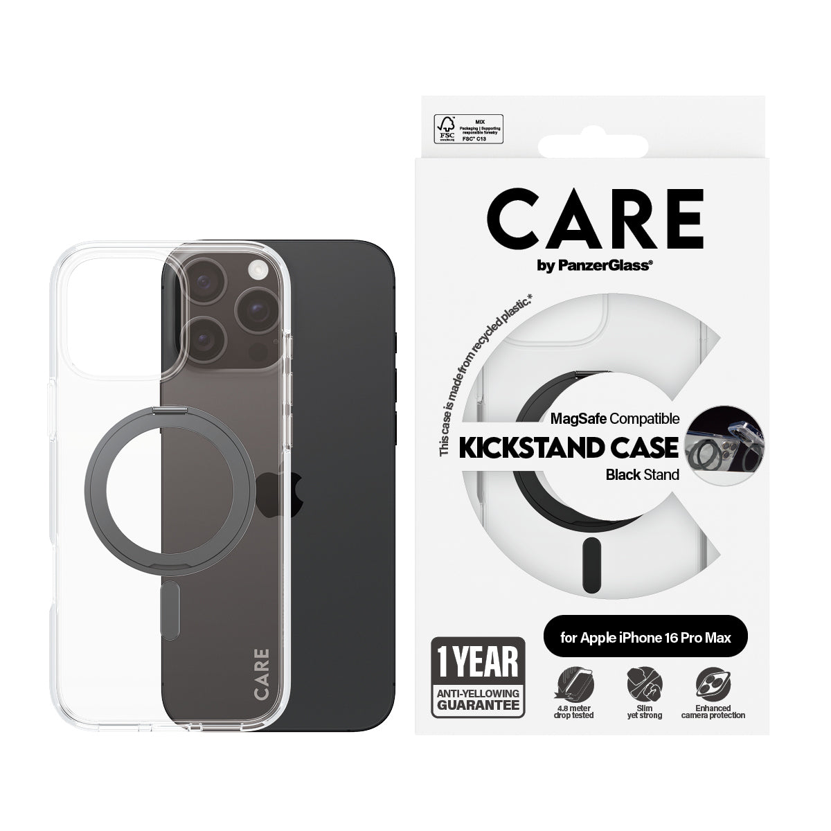 PanzerGlass CARE Coque Transparente avec Support Noir et MagSafe pour iPhone 16 Pro Max