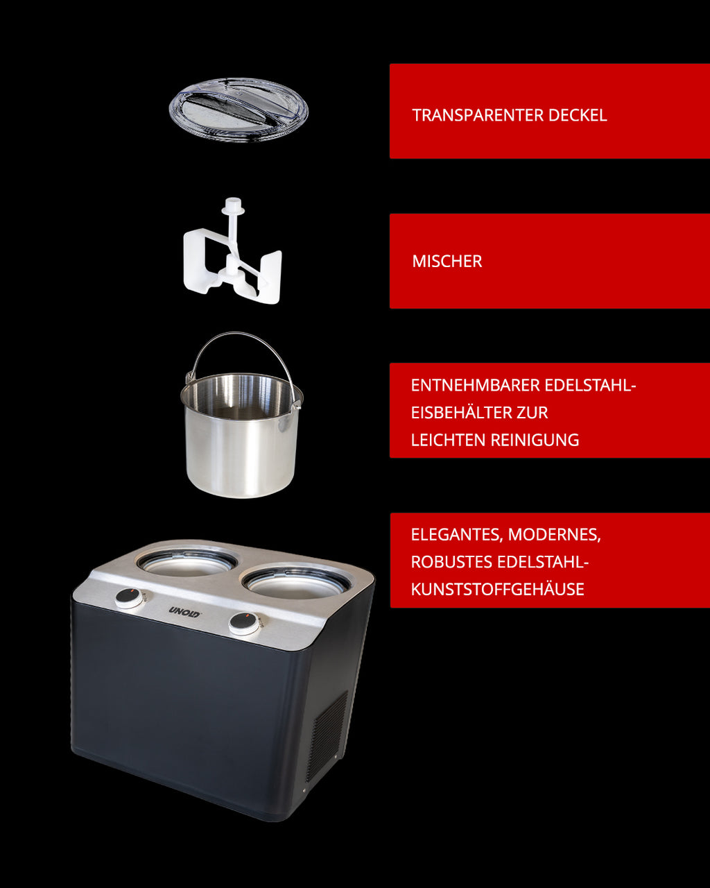 Unold Doppio Compresseur pour sorbetière 2,4 L 250 W Noir, Acier satin