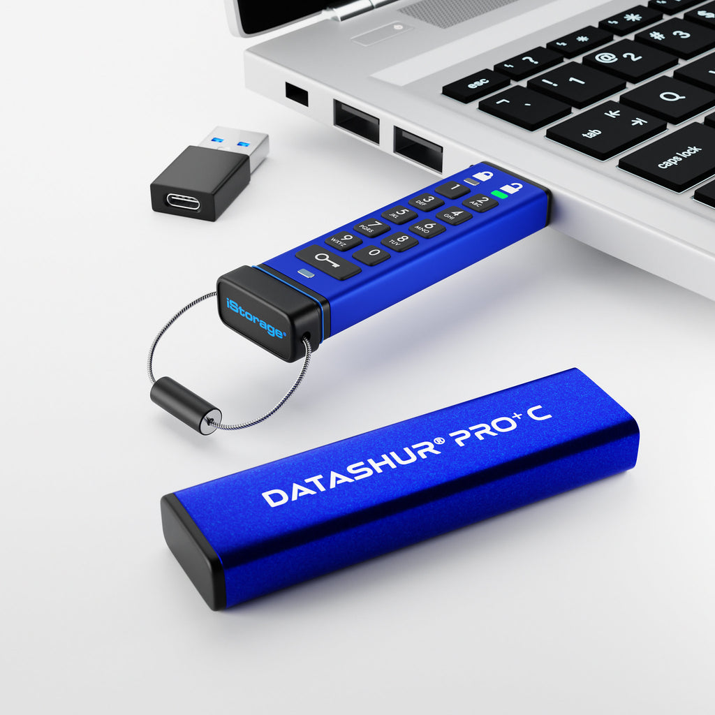 iStorage datAshur PRO+C 128GB | Secure USB Type-C Memory Stick | FIPS 140-3 Level 3 pending | PIN protected | Type C-A adapter included. - vue 2