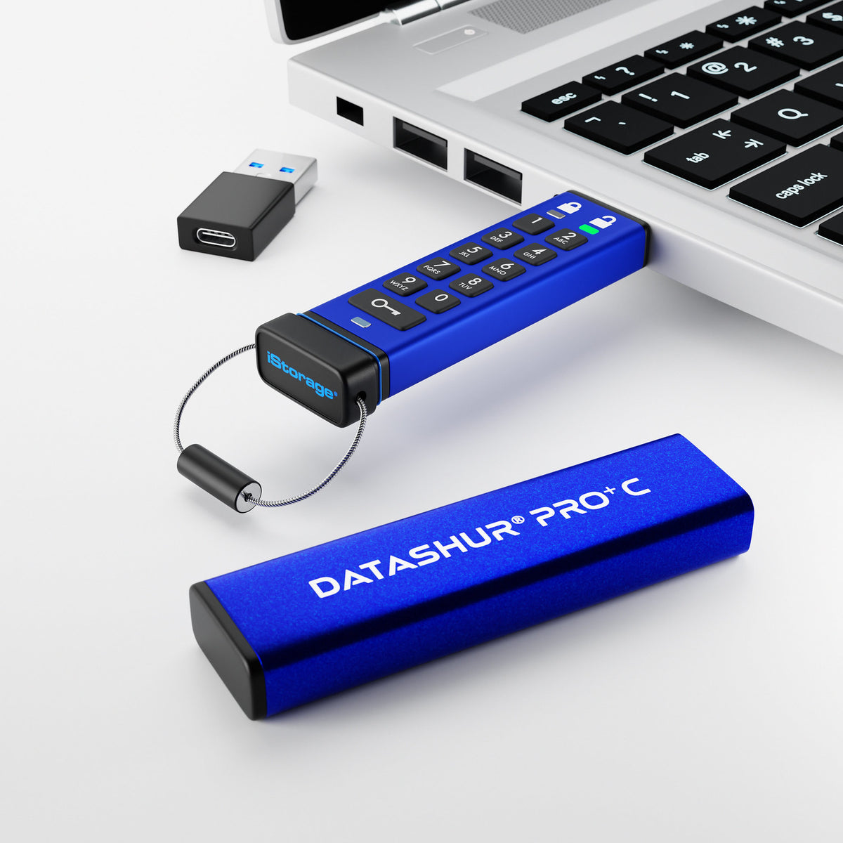 iStorage datAshur PRO+C 128GB | Secure USB Type-C Memory Stick | FIPS 140-3 Level 3 pending | PIN protected | Type C-A adapter included. - vue 2