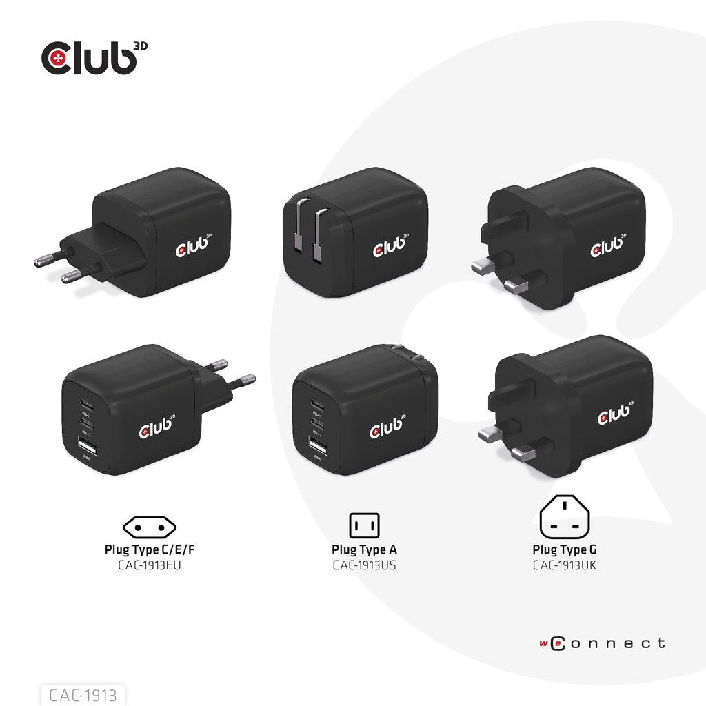 CLUB3D CAC-1913 Chargeur Universel Secteur Charge Rapide, 2 Ports USB-C, Noir
