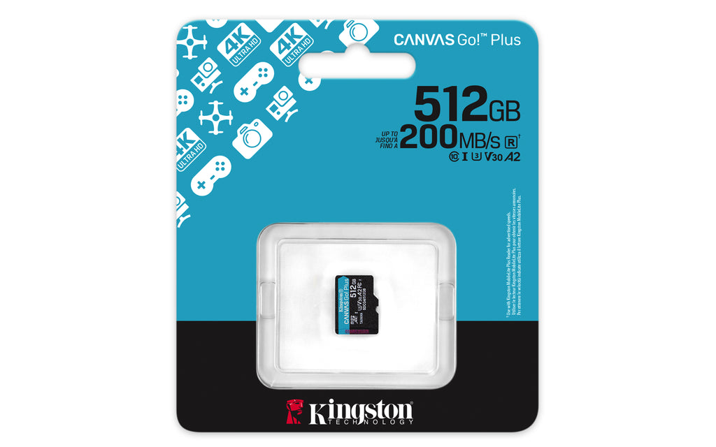 Kingston Technology Carte microSDXC Canvas Go Plus Gen4 200R A2 U3 de 512 Go, pack unique sans ADP