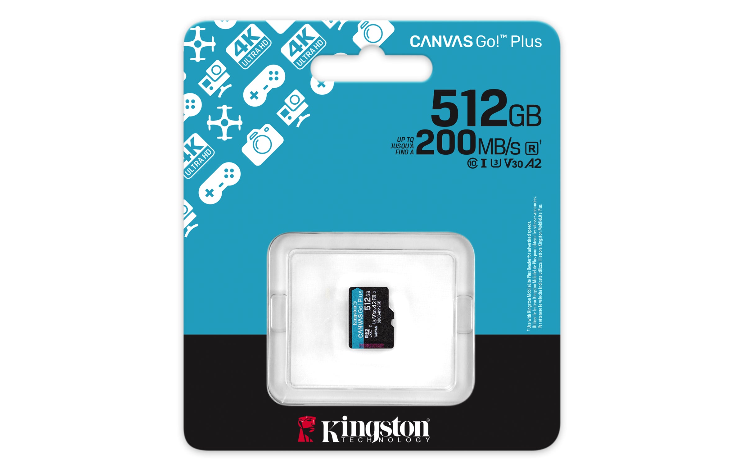 Kingston Technology Carte microSDXC Canvas Go Plus Gen4 200R A2 U3 de 512 Go, pack unique sans ADP