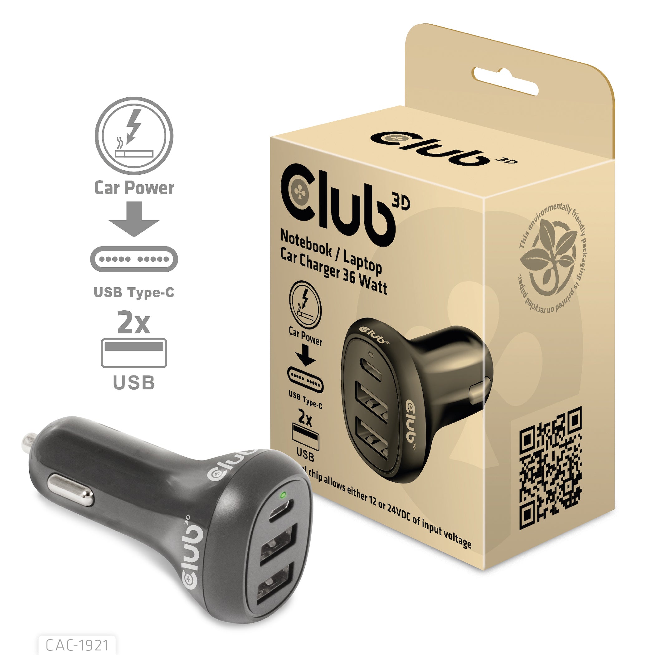 CLUB3D CAC-1921 chargeur d'appareils mobiles Ordinateur portable Noir Allume-cigare Auto