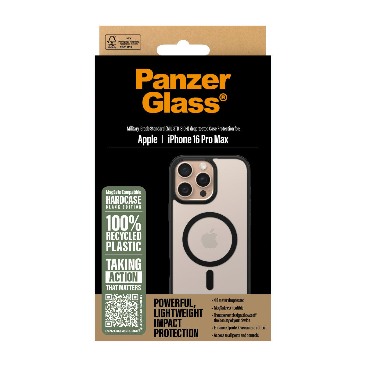 PanzerGlass HardCase Transparent avec MagSafe et Cadre Noir pour iPhone 16 Pro Max