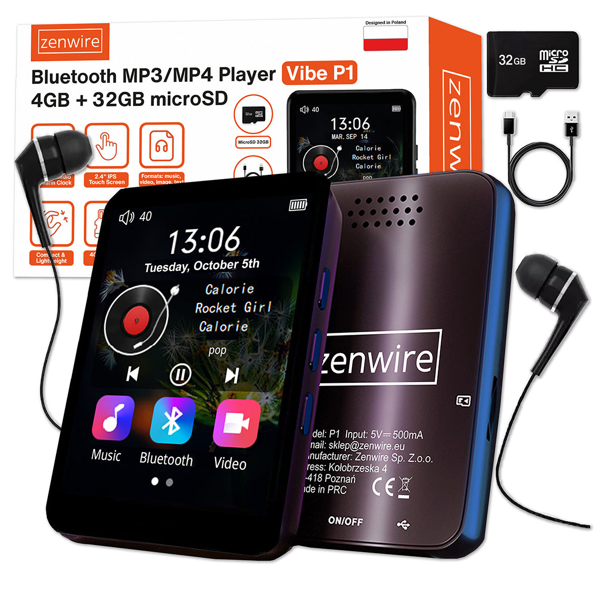 Lecteur portable MP3/MP4 avec Bluetooth, radio FM, dictaphone, carte SD et écouteurs - 36 Go - Zenwire P1