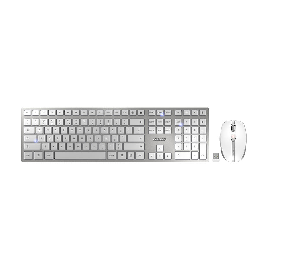 Cherry DW 9100 SLIM Ensemble Clavier et Souris Sans Fil Bluetooth et RF 2,4 GHz, QWERTY US, Argent