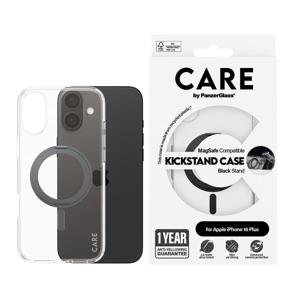 PanzerGlass CARE™ by ® Case Transparent w. Black Kickstand & MagSafe iPhone 16 Plus coque de protection pour téléphones portables Housse Noir