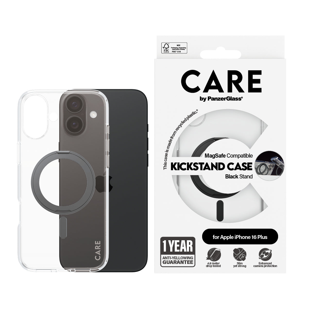PanzerGlass CARE™ by ® Case Transparent w. Black Kickstand & MagSafe iPhone 16 Plus coque de protection pour téléphones portables Housse Noir