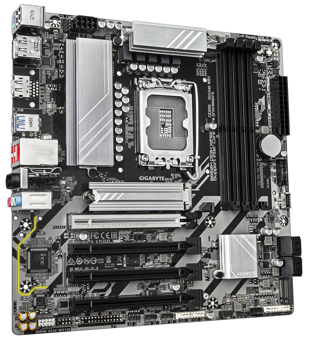 GIGABYTE B860M DS3H WIFI6E Carte mère - Processeurs Intel Core Ultra, VRM 5+1+2+1 phases, jusqu'à 9066MHz DDR5, 1xPCIe 5.0 + 1xPCIe 4.0 M.2, LAN 2,5 GbE, WIFI 6E, USB 3.2 Gen 2