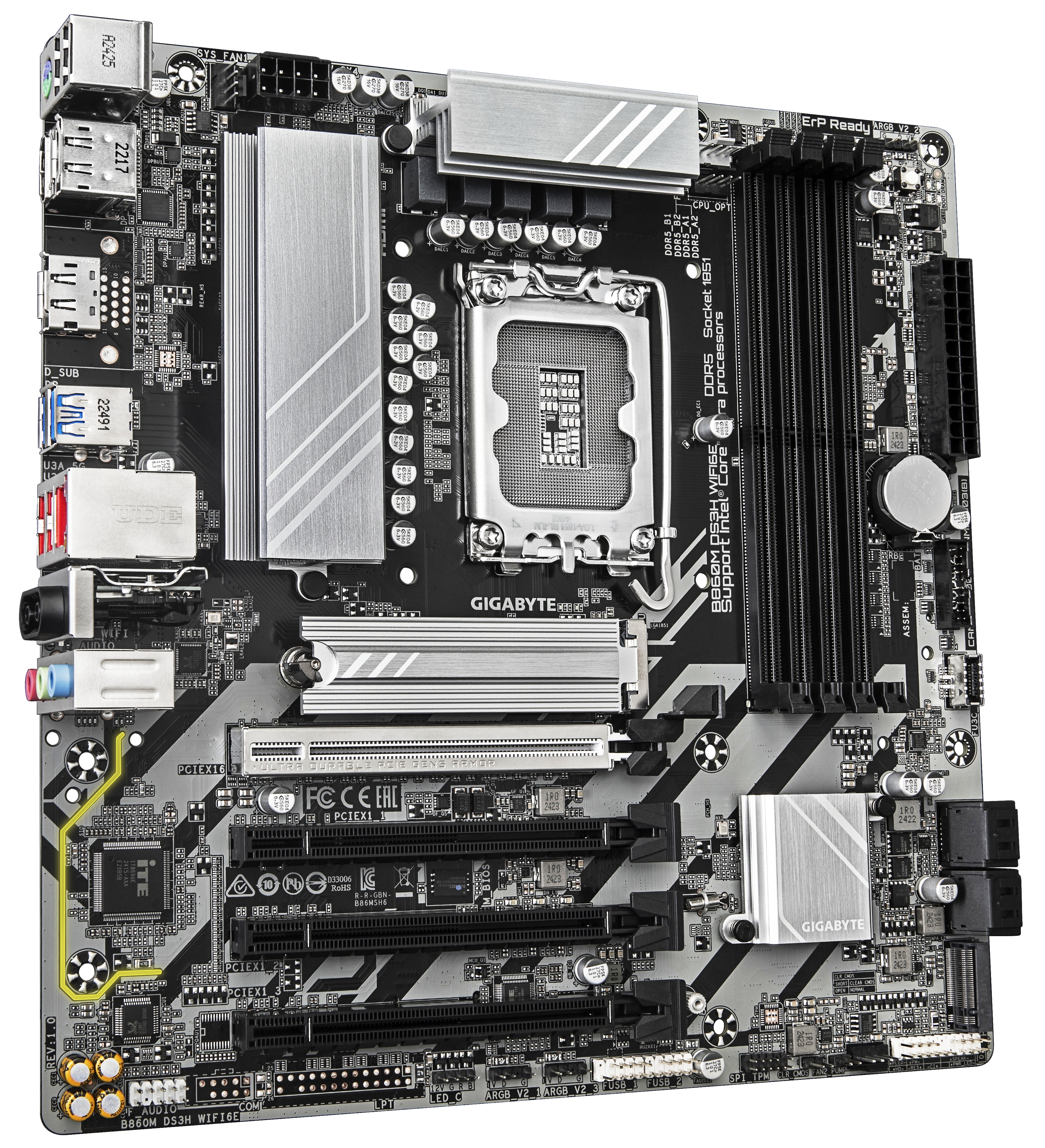GIGABYTE B860M DS3H WIFI6E Carte mère - Processeurs Intel Core Ultra, VRM 5+1+2+1 phases, jusqu'à 9066MHz DDR5, 1xPCIe 5.0 + 1xPCIe 4.0 M.2, LAN 2,5 GbE, WIFI 6E, USB 3.2 Gen 2