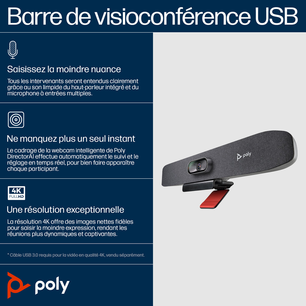HP Poly Barre de visioconférence USB Poly Studio R30