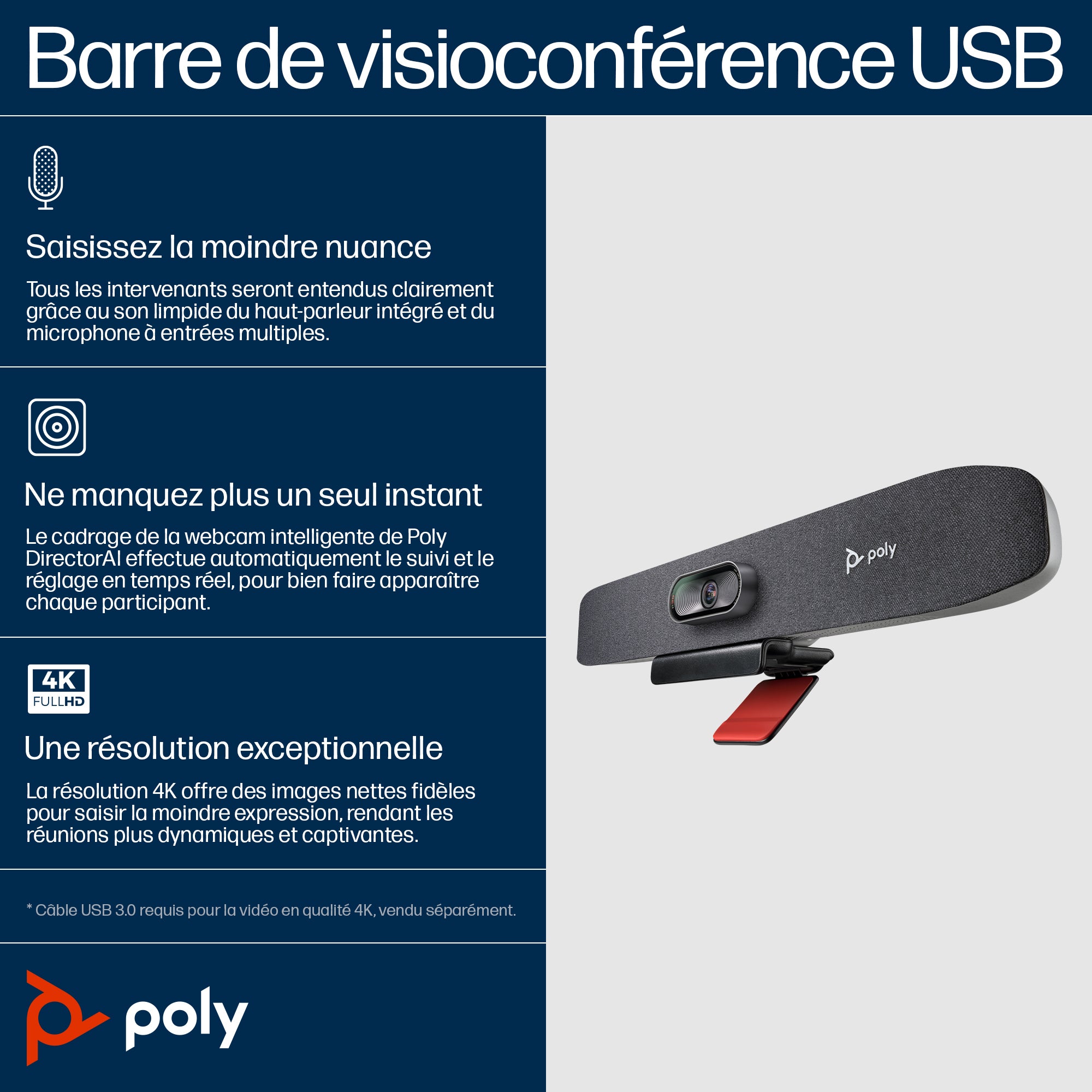 HP Poly Barre de visioconférence USB Poly Studio R30