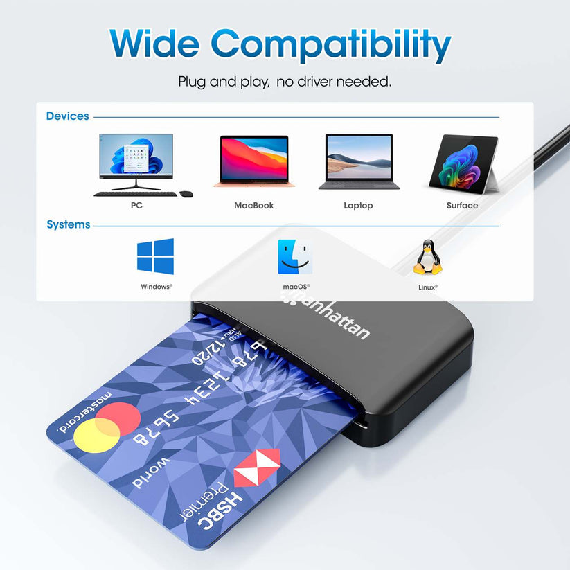 Manhattan Lecteur de Cartes à Puce à Contact USB-C avec Emplacement microSD, Noir