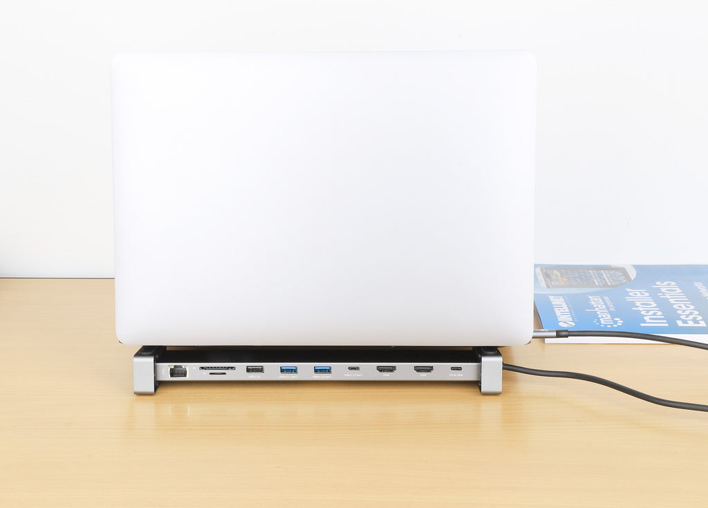 Manhattan Dock/hub USB-C avec lecteur de cartes et MST, 7 ports : Ethernet, 2x HDMI 4K@60Hz, 3x USB-A + USB-C, avec PD 100W - nécessite un chargeur USB-C externe (non inclus). Alimenté par USB (aucune alimentation externe requise) lorsque le PD n’est