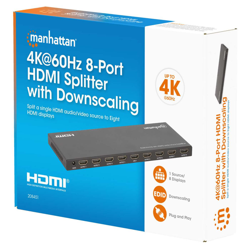 Manhattan Splitter HDMI 8 ports 4K@60 Hz avec downscaling, 1 entrée vers 8 sorties (1×8), 18 Gbps, sélecteur EDID pour d