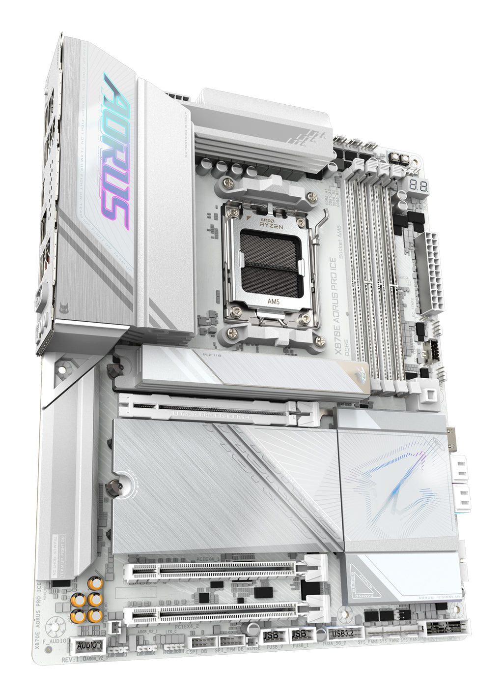 GIGABYTE X870E AORUS PRO ICE Carte Mère - Prend en charge les processeurs AMD Ryzen 9000, 16+2+2 Phases VRM Digital, jusqu'à 8000MHz DDR5 (OC), 3xPCIe 5.0 + 1xPCIe 4.0, Wi-Fi 7, 2.5GbE LAN, USB 4