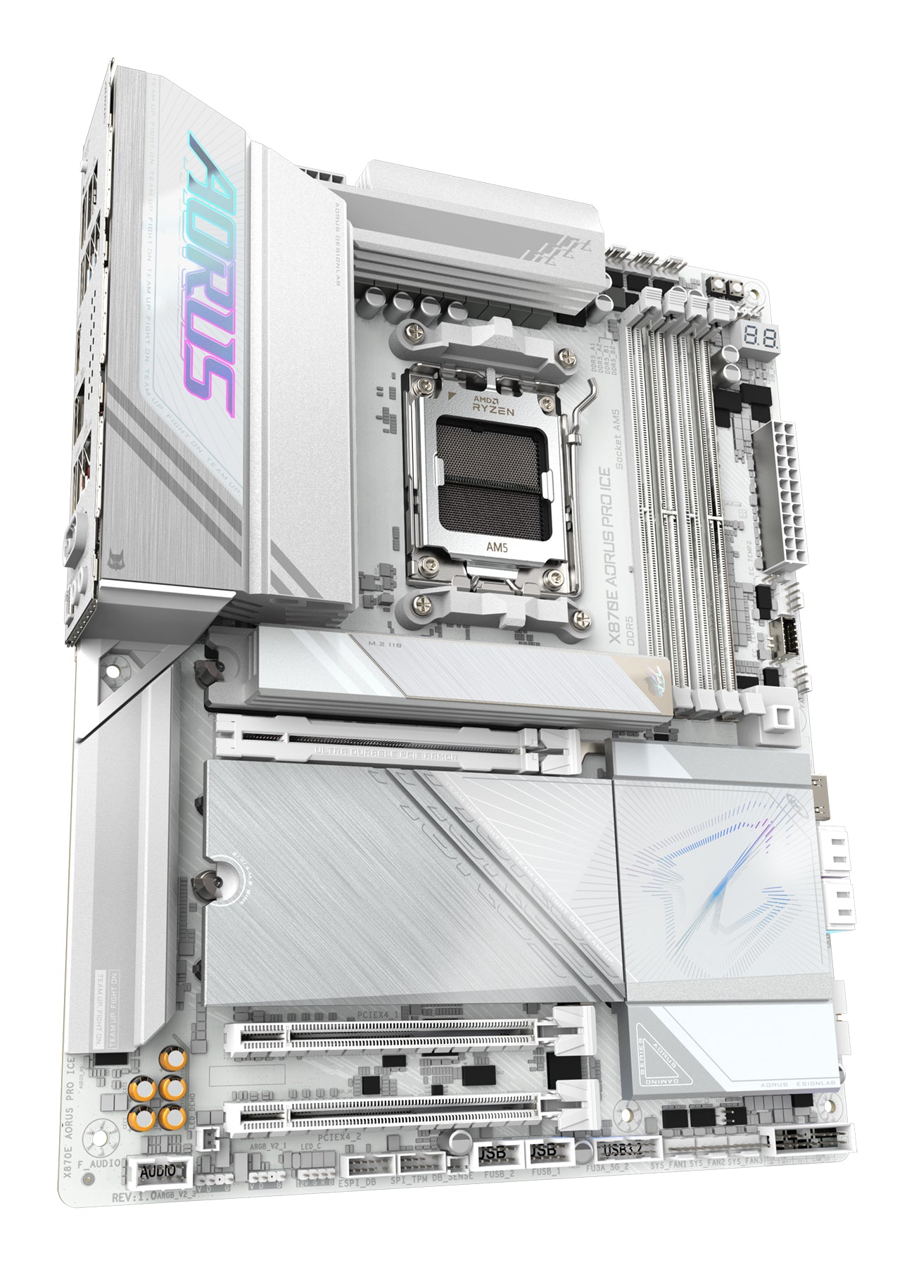 GIGABYTE X870E AORUS PRO ICE Carte Mère - Prend en charge les processeurs AMD Ryzen 9000, 16+2+2 Phases VRM Digital, jusqu'à 8000MHz DDR5 (OC), 3xPCIe 5.0 + 1xPCIe 4.0, Wi-Fi 7, 2.5GbE LAN, USB 4
