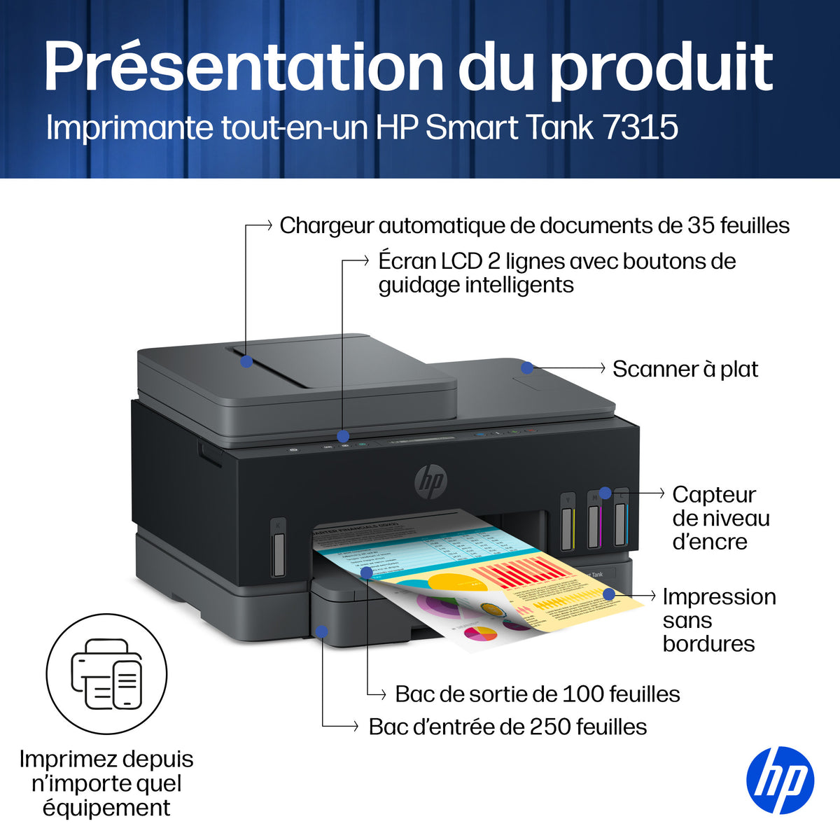 HP Smart Tank 7315 Wireless All-in-One Couleur Imprimante, Up to 2 Years of ink included; Two-sided printing; Copier, Sc