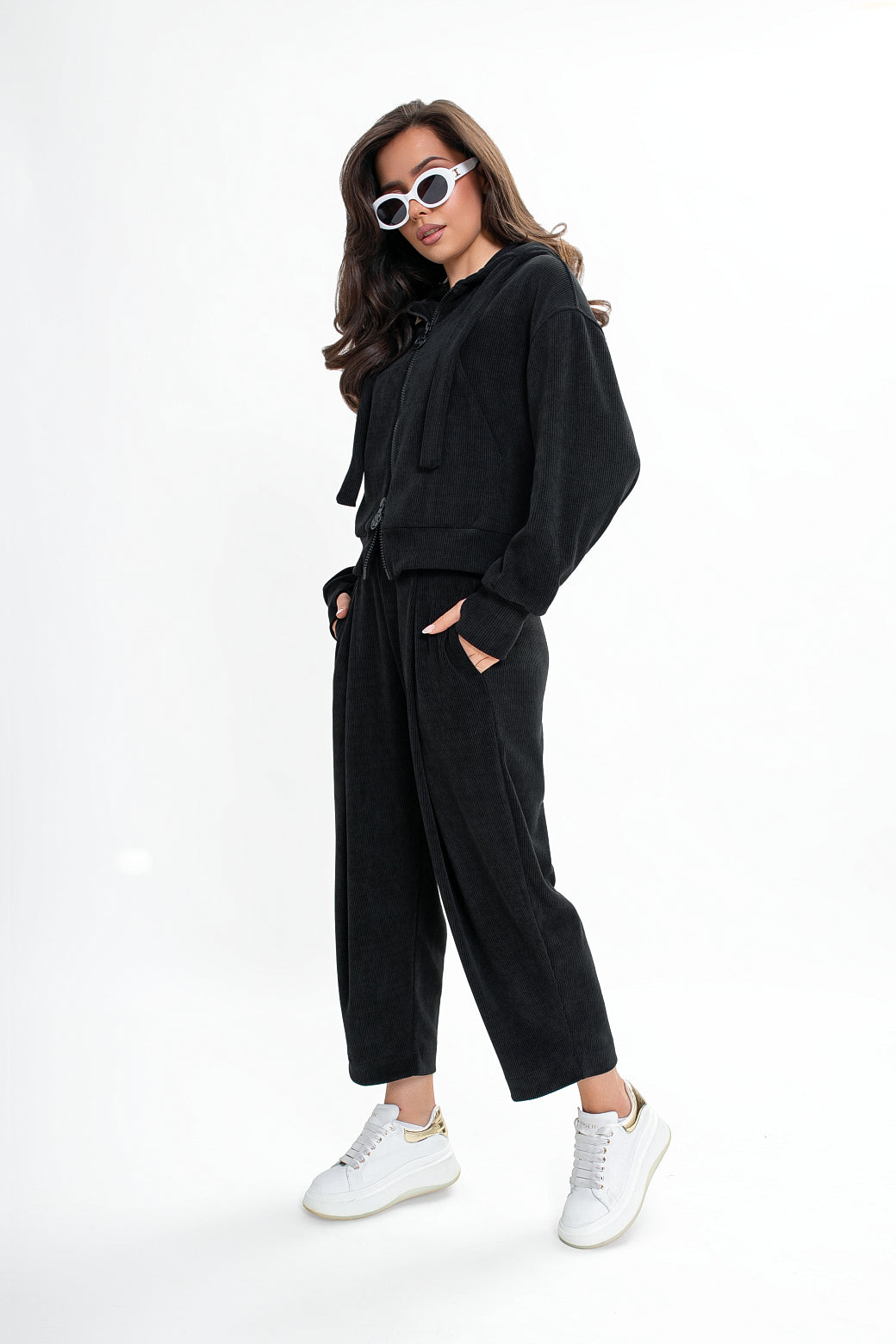 Sweat-shirt à capuche en velours côtelé pour femme, avec fermeture éclair