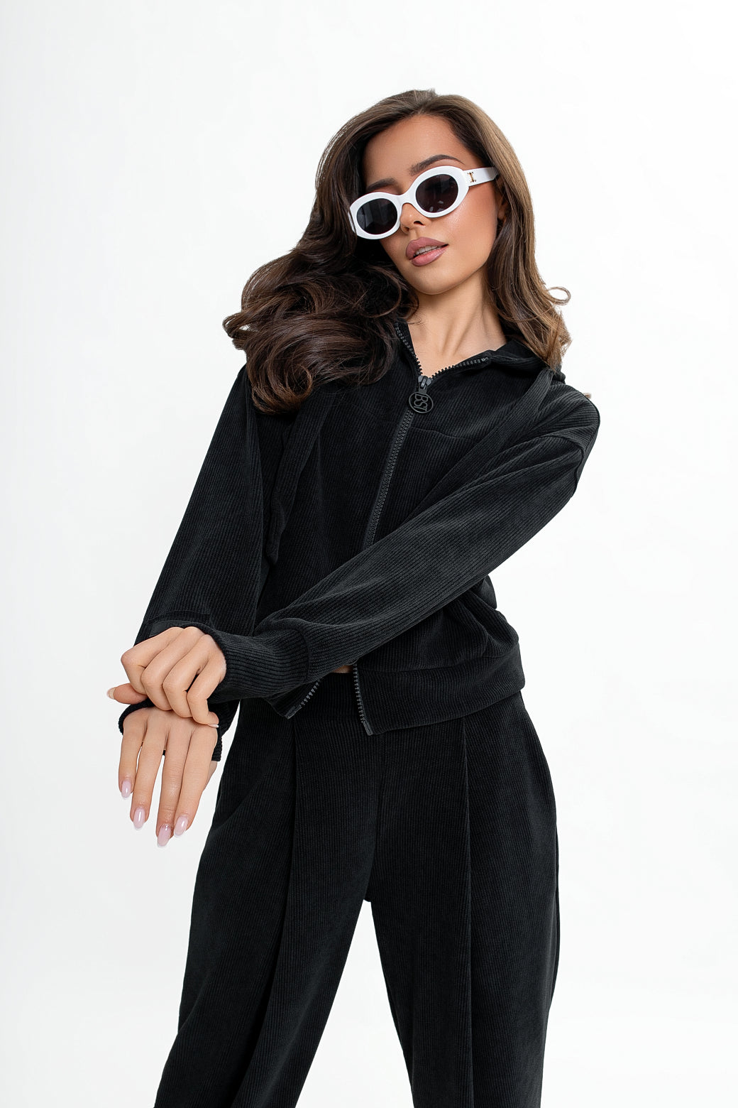 Sweat-shirt à capuche en velours côtelé pour femme, avec fermeture éclair