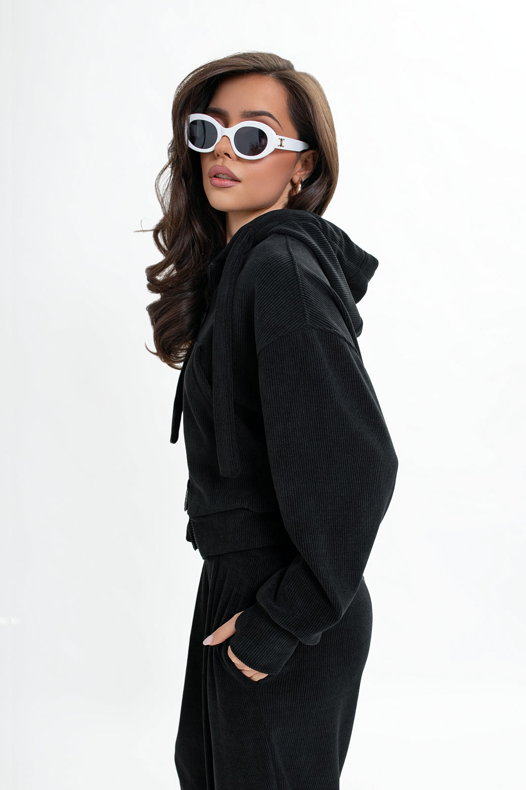 Sweat-shirt à capuche en velours côtelé pour femme, avec fermeture éclair