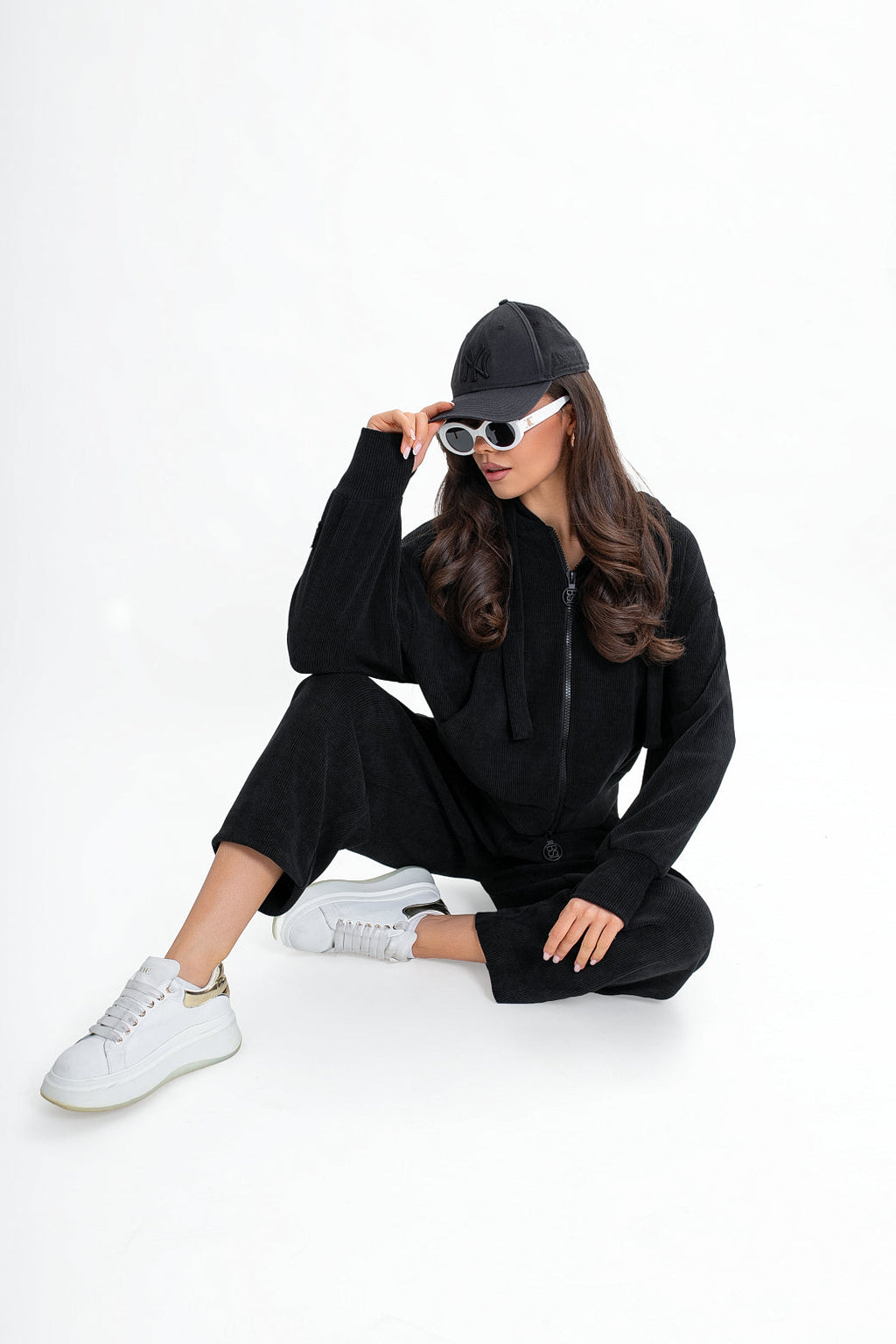Sweat-shirt à capuche en velours côtelé pour femme, avec fermeture éclair