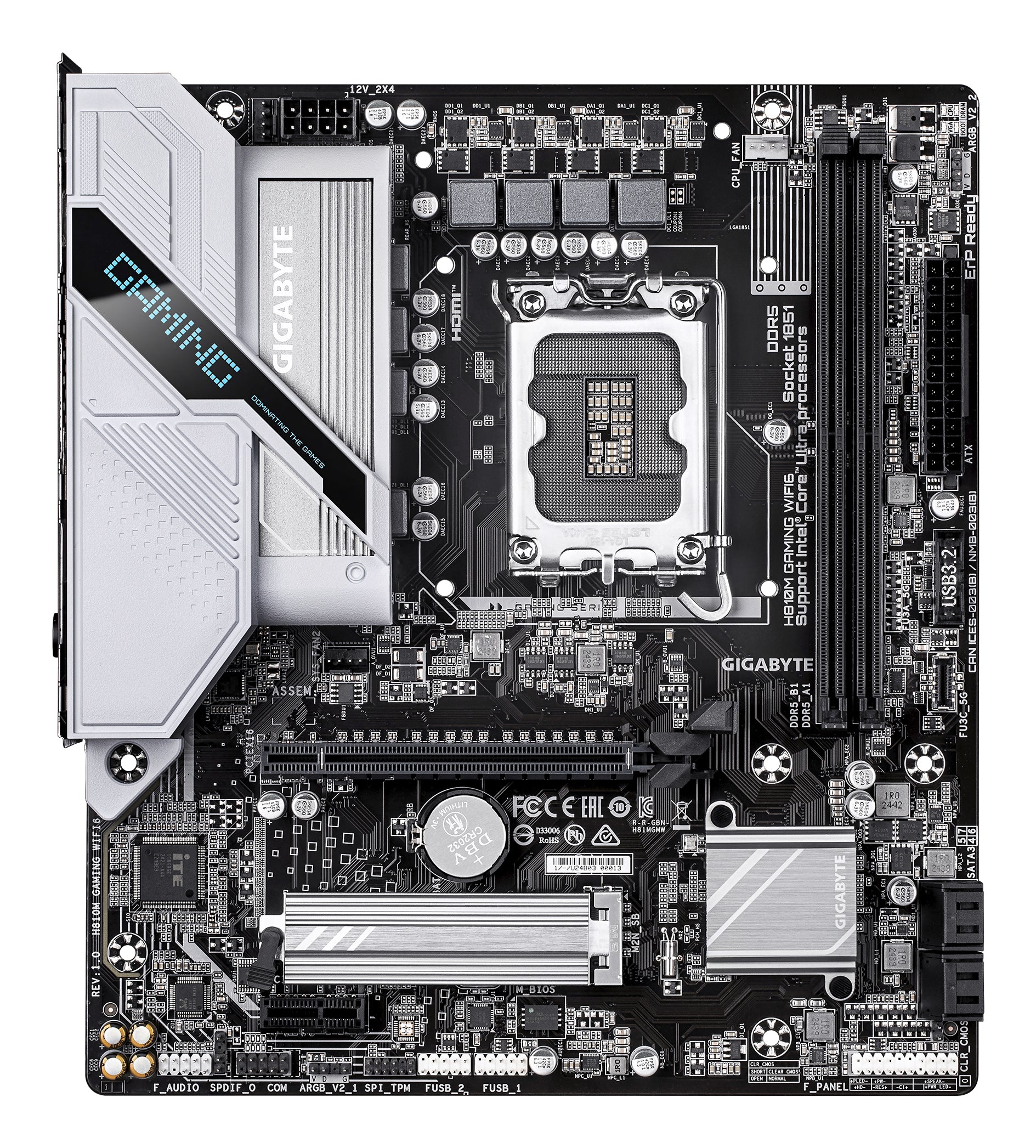 GIGABYTE H810M GAMING WIFI6 Carte mère - Processeurs Intel Core Ultra (Série 2), VRM 4+1+2 phases, jusqu'à 6400 MHz DDR5, 1xPCIe 4.0 M.2, LAN 2.5GbE, WIFI 6, USB 3.2 Gen 1