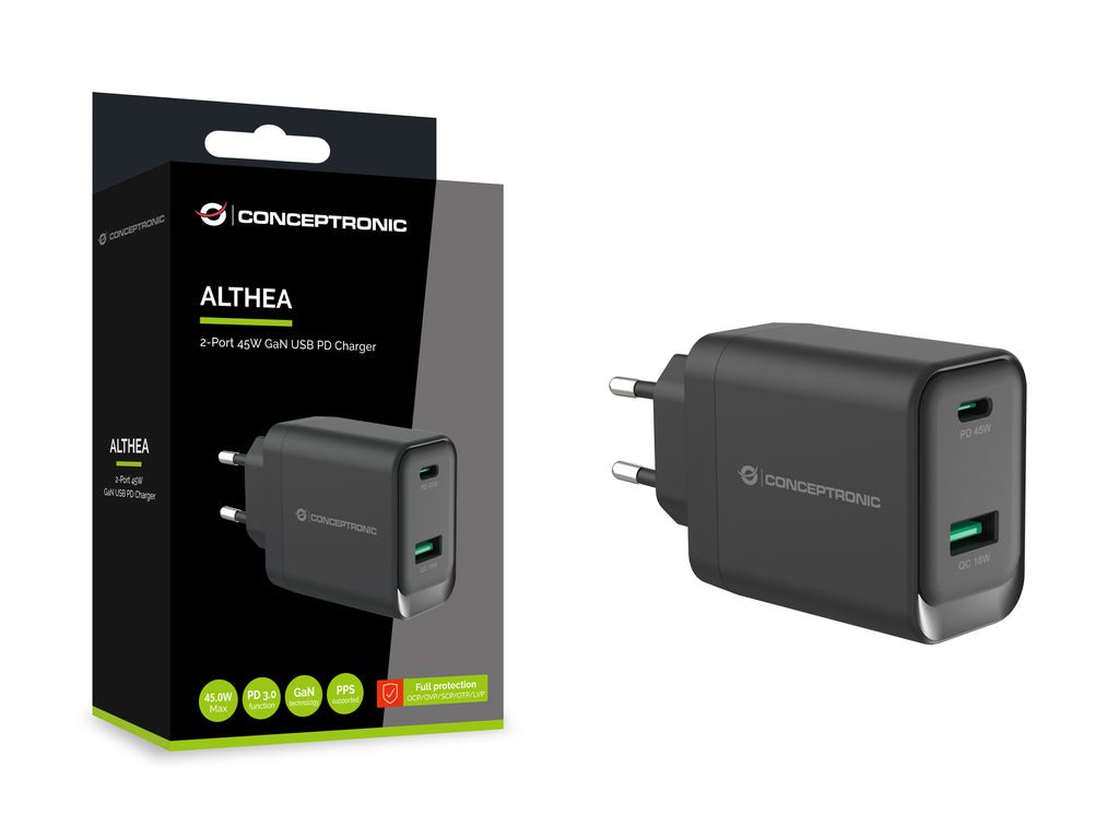 Conceptronic ALTHEA20B45 Chargeur Universel Secteur Charge Rapide, USB-C, Noir