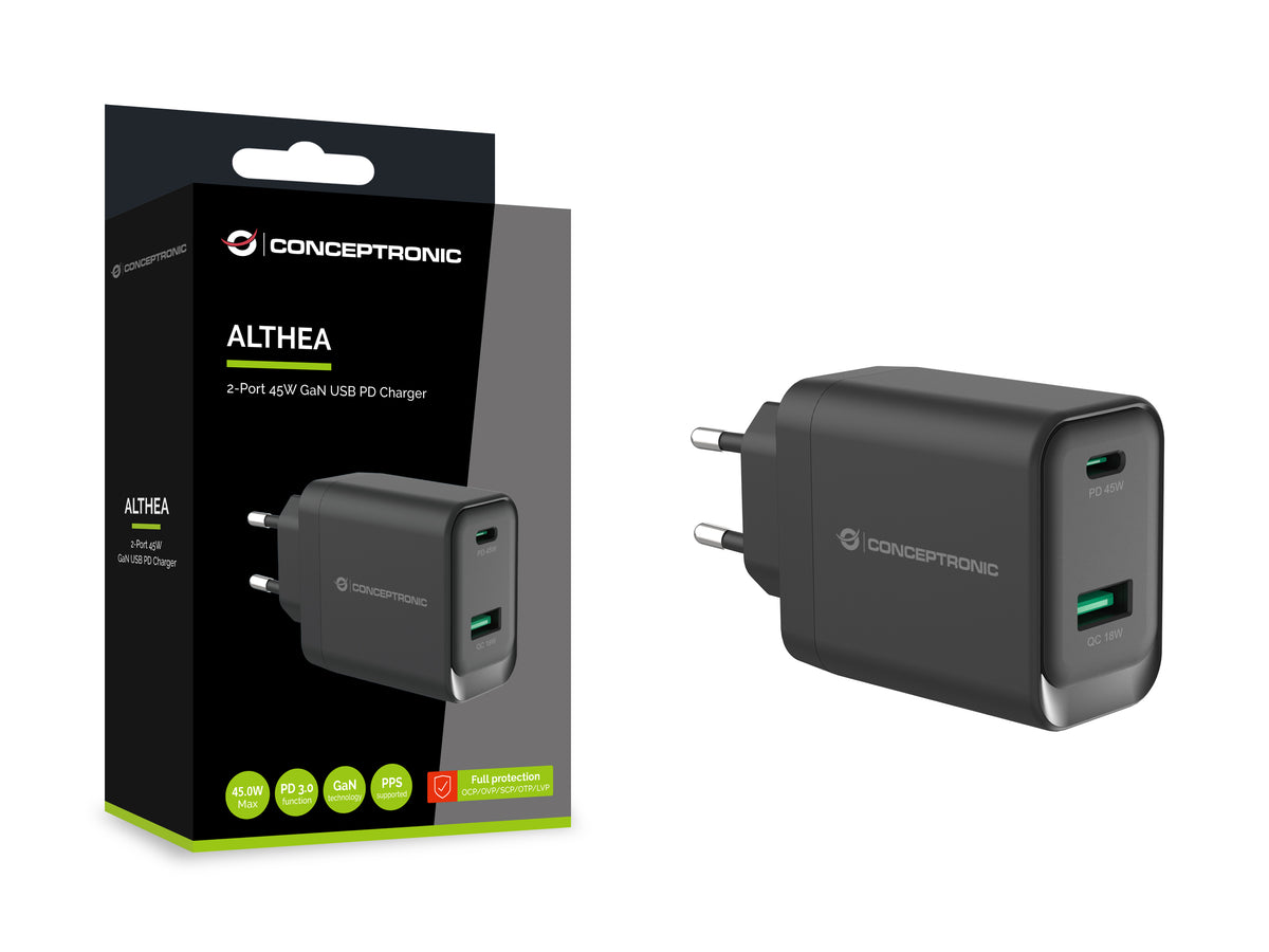 Conceptronic ALTHEA20B45 Chargeur Universel Secteur Charge Rapide, USB-C, Noir