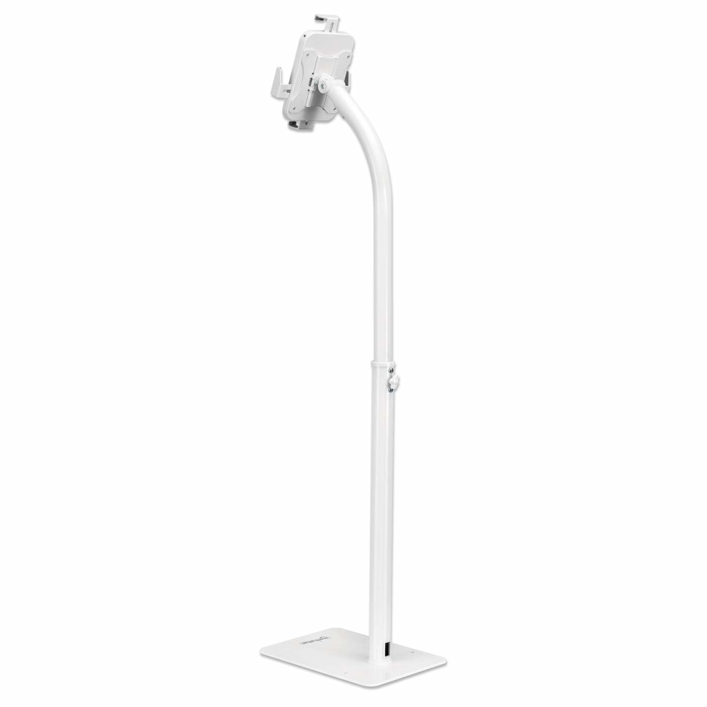 Manhattan Support de sol antivol pour tablette et iPad, universel, rotation 360°, inclinaison +20° à -110°, verrouillable, blanc, pour tablettes 7,9"–11", hauteur réglable 790 à 1190 mm, fixation à l’arrière au sol possible