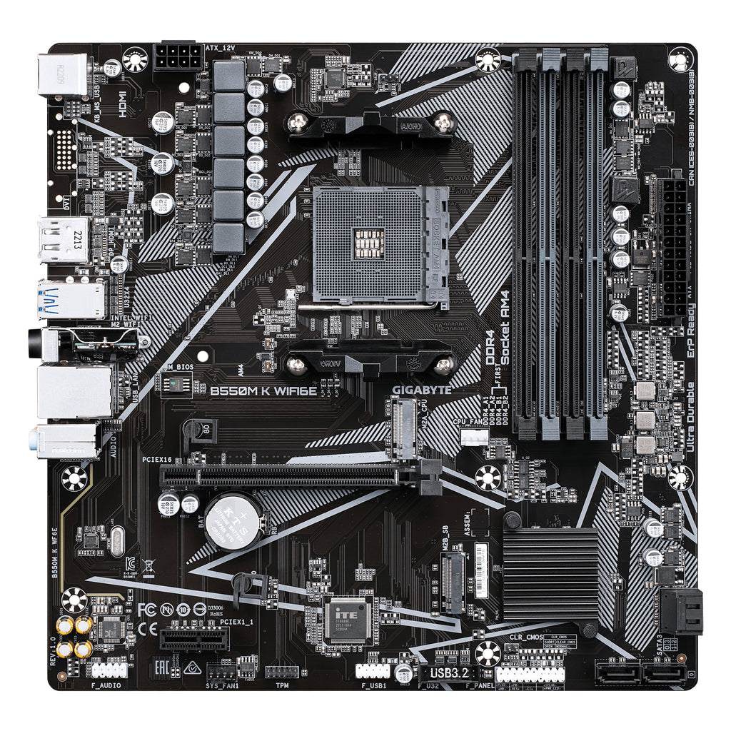 GIGABYTE B550M K WIFI6E Carte Mère – AMD Ryzen 5000 CPUs, jusqu’à 4733 MHz DDR4, 1x PCIe 4.0 + 1x PCIe 3.0 M.2, Wi-Fi 6E